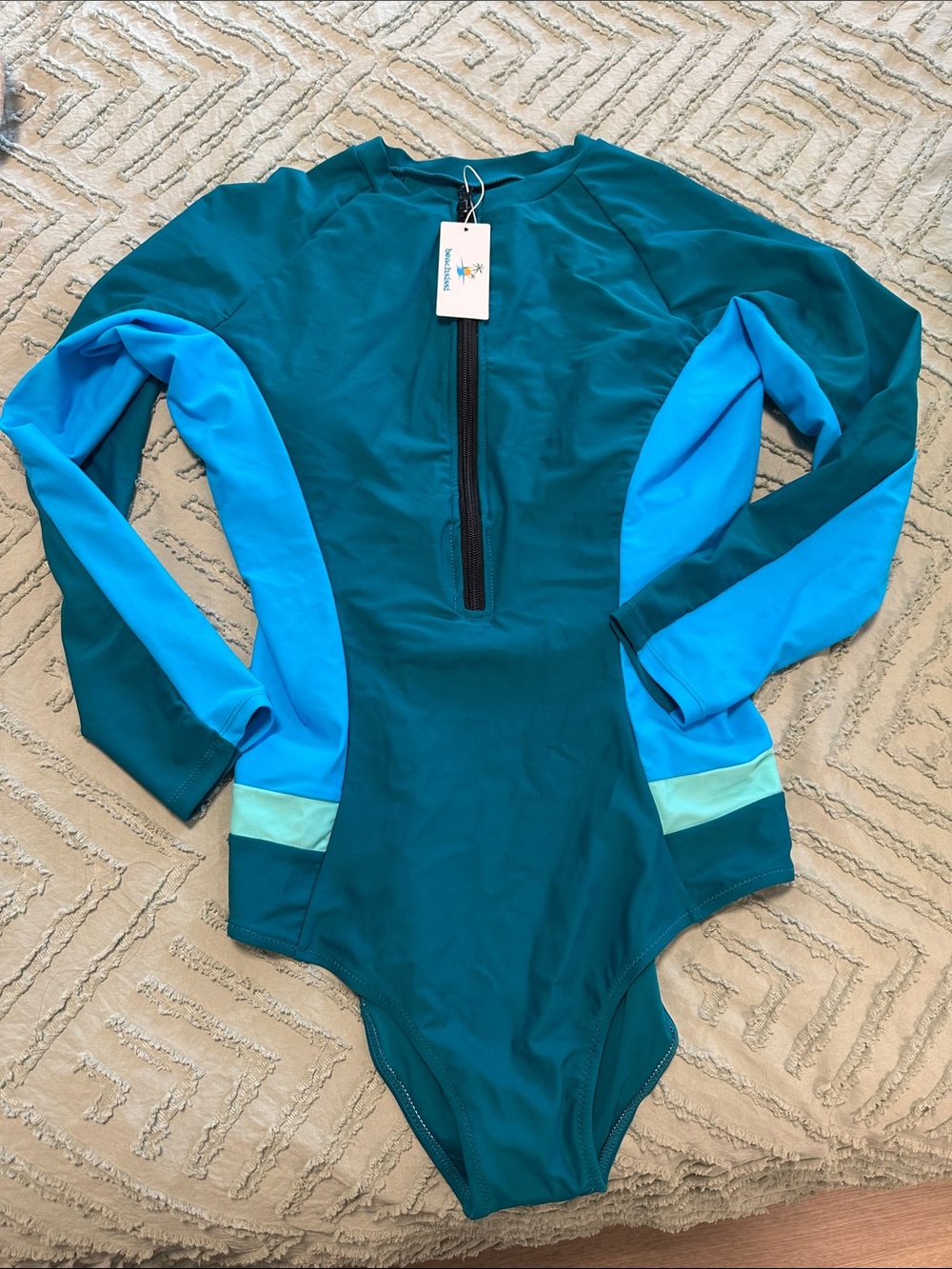 Long-Sleeve Zip Front One-Piece Swimsuit in Teal & Aqua